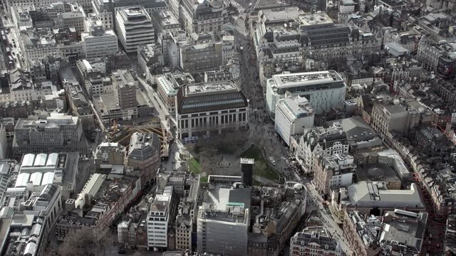  Aerial flight above Leicester square & surrounding area in central London, England