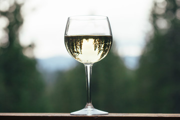 Trees reflected in the wine glass kept on the railing