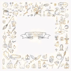 Hand drawn doodle Happy Halloween icons set. Vector illustration. Holiday symbols collection. Cartoon various sketch elements: pumpkin, ghost, castle, bat, candy, witches cauldron, zombie hand, skull