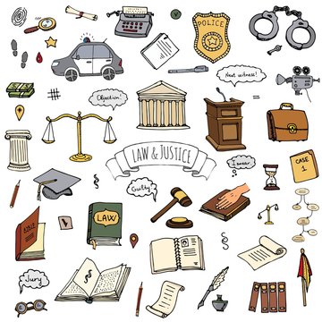 Hand drawn doodle Law and Justice icons set Vector illustration sketchy symbols collection Cartoon law concept elements suitable for info graphics, websites and print media Color icon Court Police car