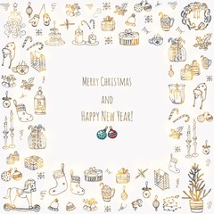 Set of hand drawn sketchy christmas elements Doodle vector illustration elements Candles gift boxes christmas tree wreath stocking candy canes cookie bells holly decoration calligraphy Merry Christmas
