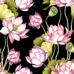 Seamless pattern with lotus. Hand draw watercolor illustration. - 177355811