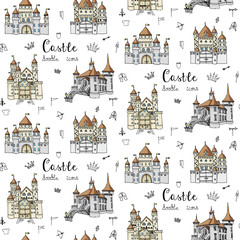 Seamless pattern with hand drawn cartoon fairy tale castle icons, castle doodle vector sketch with set of fairytale, game icons - crossbow, arrow, knight helmet, flag, crown