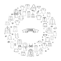Hand drawn doodle Clothing icons set. Vector illustration.Isolated apparel symbols collection. Cartoon cloth elements: Skirt Shirt T-shirt Shorts Dress Hoodie Underware Blouse Pants Socks Hat Cap Top