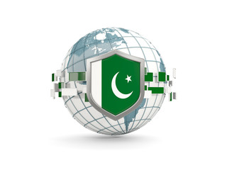 Globe and shield with flag of pakistan isolated on white
