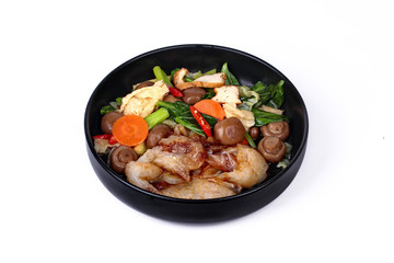 Fried big noodle topped mixed vegetables for organic food.
