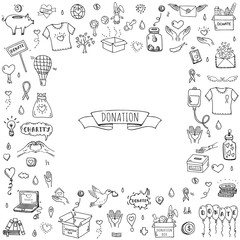 Hand drawn doodle Donation icons set. Vector illustration. Charity symbols collection Cartoon donate sketch elements: blood donation, box, heart, money jar, care, help, gift, giving hand, fund raising