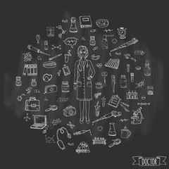 Hand drawn doodle Doctor icons set Vector illustration Sketch Nurses and medical staff. Medical hospital concept in cartoon design people character. Healthcare symbols collection: laboratory equipment