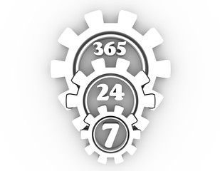 Time operation mode in gear. For customer support and retail. Seven days twenty four hour. 3D rendering