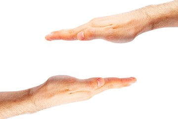 adult man hands shows protection concept, isolated on white