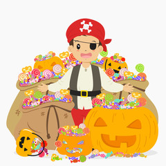 happy boy in pirate costume surrounded with sacks of candies and Halloween pumpkin full of candies. Halloween cartoon vector