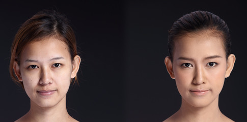 Asian Woman before after applying make up hair style. no retouch