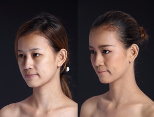Asian Woman before after applying make up hair style. no retouch
