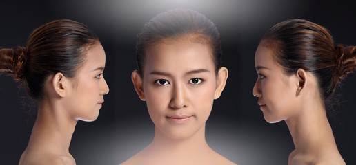 Asian Woman before after applying make up hair style. no retouch