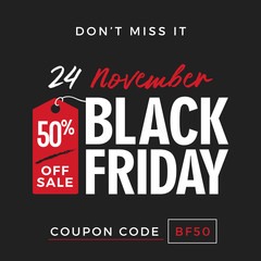 Naklejka na ściany i meble 50% OFF Black Friday Super Sale Promotion with Price Tag Element Inscription Design Template Banner, Badge, Sticker, Cover, Poster, Flyer