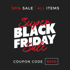 50% OFF Black Friday Super Sale Promotion with Price Tag Element Inscription Design Template Banner, Badge, Sticker, Cover, Poster, Flyer