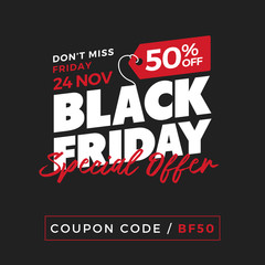 50% OFF Black Friday Super Sale Promotion with Price Tag Element Inscription Design Template Banner, Badge, Sticker, Cover, Poster, Flyer