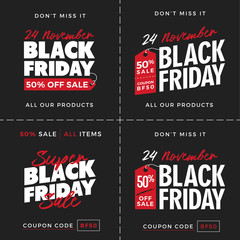 Set of 50% OFF Black Friday Super Sale Promotion with Price Tag Element Inscription Design Template Banner, Badge, Sticker, Cover, Poster, Flyer