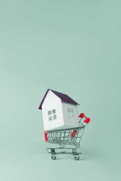 Model house in a cart against green background