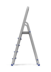 3d rendering of a metal builder's step ladder with blue fittings in side view on a white background.