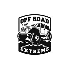 Off Road Car 4x4 Vehicle Event, Show, Festival, Club Extreme Extreme Forest Expedition Adventure Retro Vintage Classic Style Logo Template, Badge, Emblem, Sticker, Sign, Poster, Stamp, Label, Icon