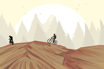 Fototapeta na wymiar Mountain bike on hill vector nature landscape background