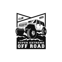 Off Road Car 4x4 Vehicle Event, Show, Festival, Club Extreme Extreme Forest Expedition Adventure Retro Vintage Classic Style Logo Template, Badge, Emblem, Sticker, Sign, Poster, Stamp, Label, Icon