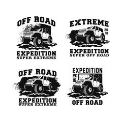 Set Off Road Car 4x4 Vehicle Event, Show, Festival, Club Extreme Extreme Forest Expedition Adventure Retro Vintage Classic Style Logo Template, Badge, Emblem, Sticker, Sign, Poster, Stamp, Label, Icon