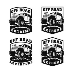 Set Off Road Car 4x4 Vehicle Event, Show, Festival, Club Extreme Extreme Forest Expedition Adventure Retro Vintage Classic Style Logo Template, Badge, Emblem, Sticker, Sign, Poster, Stamp, Label, Icon