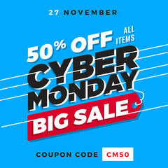 Cyber Monday Super Sale. Up to 50% off Big Sale Sidebar Banner, Poster, Sticker, Badge Advertising Promotion with Price Tag Label Element & Voucher Coupon Gift Code. Fresh Gradient Background Color