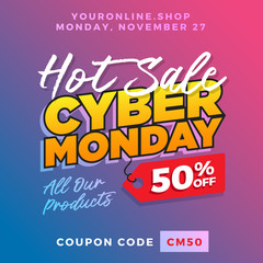 Cyber Monday Super Sale. Up to 50% off Big Sale Sidebar Banner, Poster, Sticker, Badge Advertising Promotion with Price Tag Label Element & Voucher Coupon Gift Code. Fresh Gradient Background Color