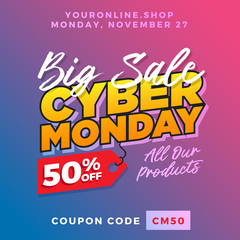 Cyber Monday Super Sale. Up to 50% off Big Sale Sidebar Banner, Poster, Sticker, Badge Advertising Promotion with Price Tag Label Element & Voucher Coupon Gift Code. Fresh Gradient Background Color