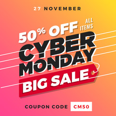 Cyber Monday Super Sale. Up to 50% off Big Sale Sidebar Banner, Poster, Sticker, Badge Advertising Promotion with Price Tag Label Element & Voucher Coupon Gift Code. Fresh Gradient Background Color