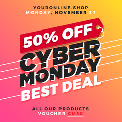 Cyber Monday Super Sale. Up to 50% off Big Sale Sidebar Banner, Poster, Sticker, Badge Advertising Promotion with Price Tag Label Element & Voucher Coupon Gift Code. Fresh Gradient Background Color