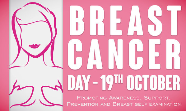 Woman Promoting Self-examination for Breast Cancer Day in October, Vector Illustration