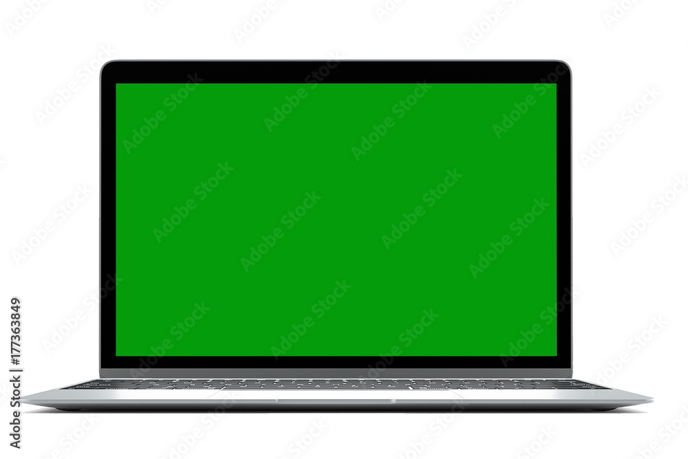 Poster Modern computer laptop isolated on white background for mockup green screen with cliping path ,3D rendering
