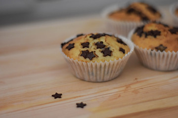 Homemade vanilla muffins whit chocolate crumbs at wooden background 