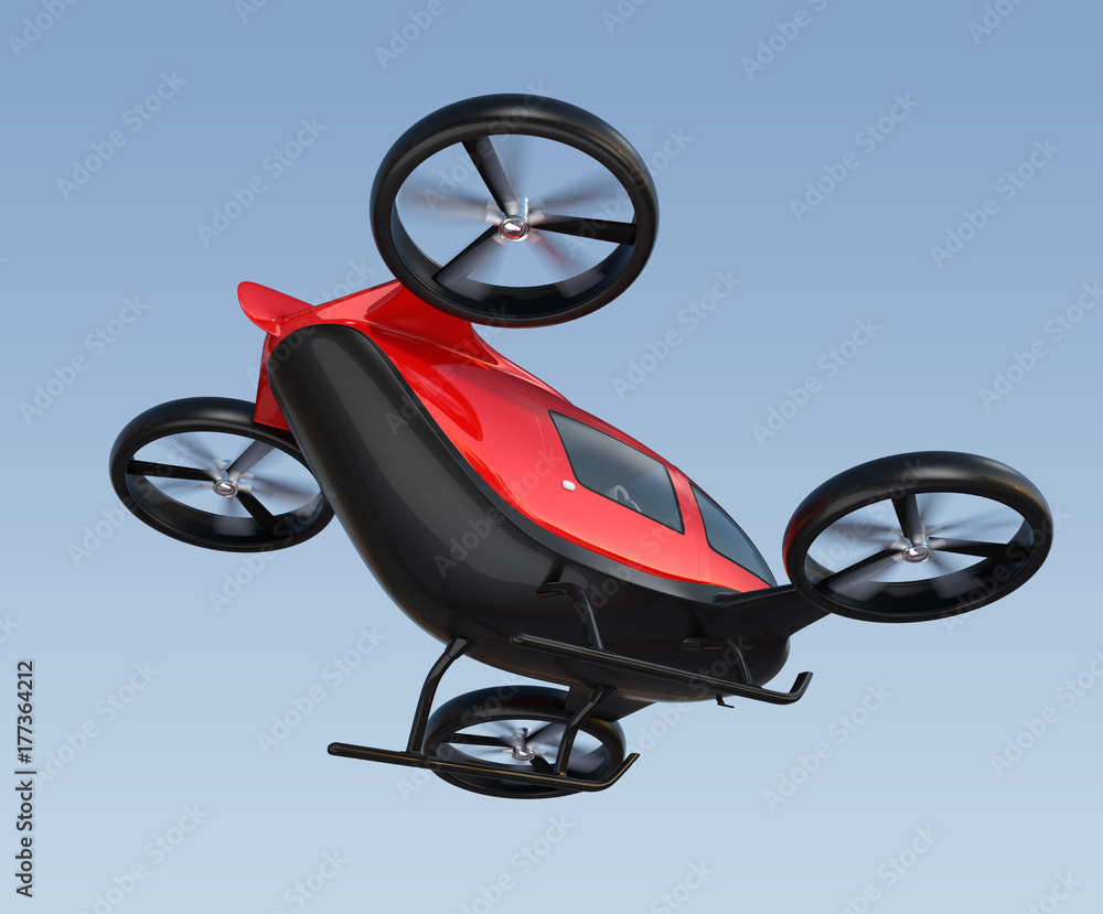 Poster rear view of metallic red self-driving passenger drone flying in the sky. 3d rendering image.