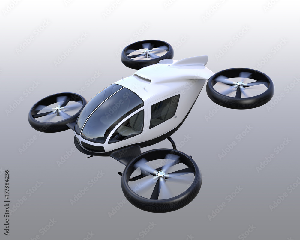 Poster white self-driving passenger drones isolated on gray background. 3d rendering image.