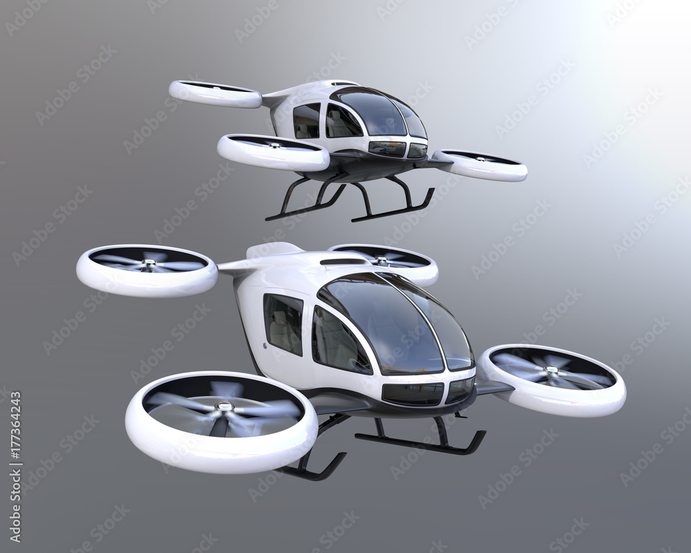Poster two self-driving passenger drones flying in the sky. 3d rendering image.