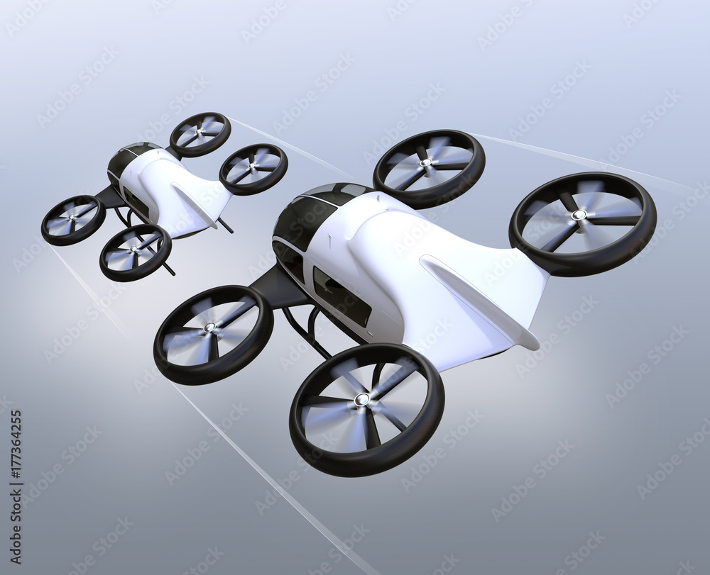 Aufkleber rear view of two self-driving passenger drones flying in the sky. 3d rendering image.