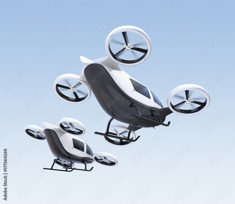 Poster two self-driving passenger drones flying in the sky. 3d rendering image.