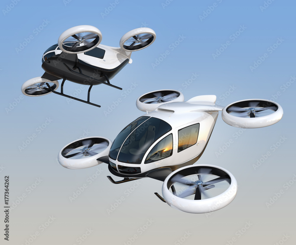 Poster two self-driving passenger drones flying in the sky. 3d rendering image.