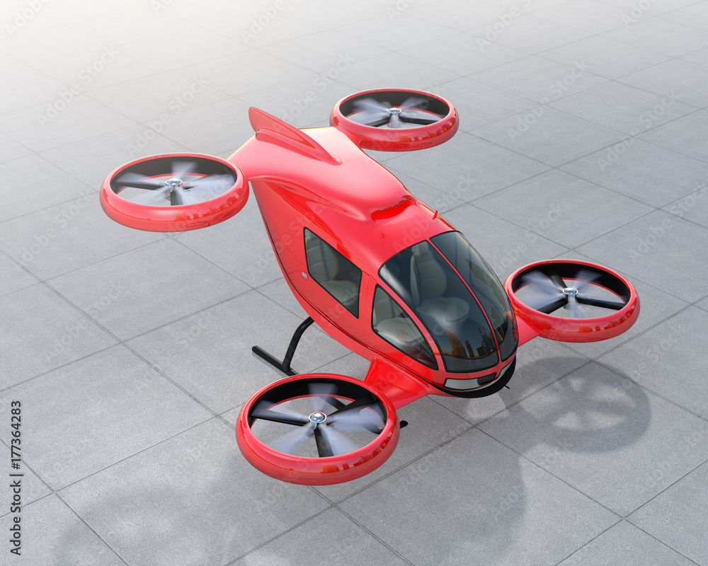 Poster red self-driving passenger drone landing on the ground. 3d rendering image.