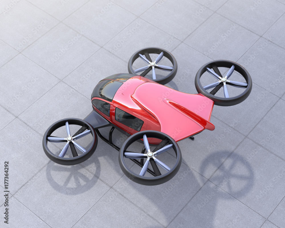 Poster rear view of red self-driving passenger drone on the ground. 3d rendering image