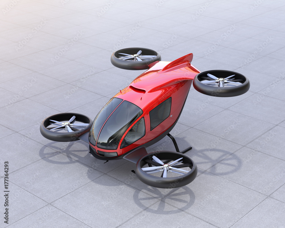 Poster metallic red self-driving passenger drone on the ground. 3d rendering image