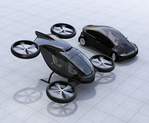 Self-driving car and passenger drone parking on the ground. 3D rendering image