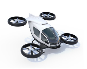 White self-driving passenger drones isolated on white background. 3D rendering image.