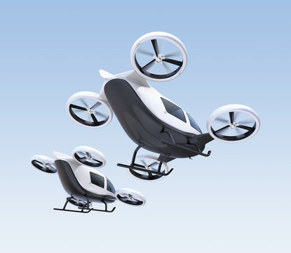 Two self-driving passenger drones flying in the sky. 3D rendering image.