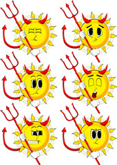 Cartoon devil sun with pitchfork. Collection with sad faces. Expressions vector set.